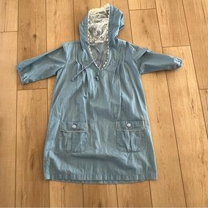 blue hoodie dress with lace detailing on hood